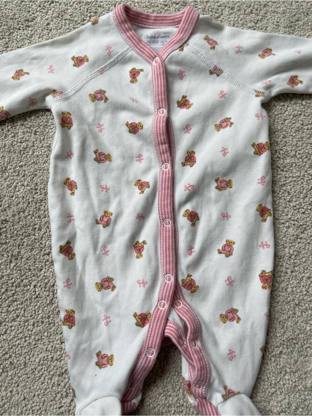 Ralph Lauren Baby Teddy Bear Footed Sleeper NB Pink White Infant Pajamas